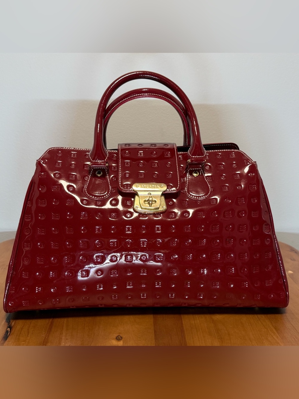 Arcadia Patent Leather Satchel Handbag - Deep Red